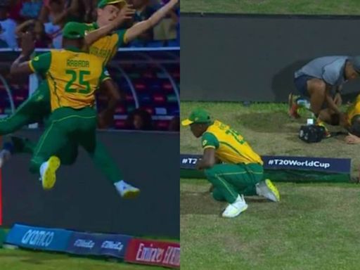 Marco Jansen writhes in pain after brutal mid-air collision with Kagiso Rabada to stop a six during WI vs SA T20WC match