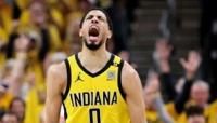 Indiana's Tyrese Haliburton reacts after making a three-pointer in the Pacers' victory over the New York Knicks in game three of their NBA Eastern Conference semi-final series