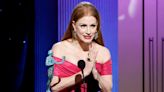 Jessica Chastain stumbles on the stairs as she wins SAG Award