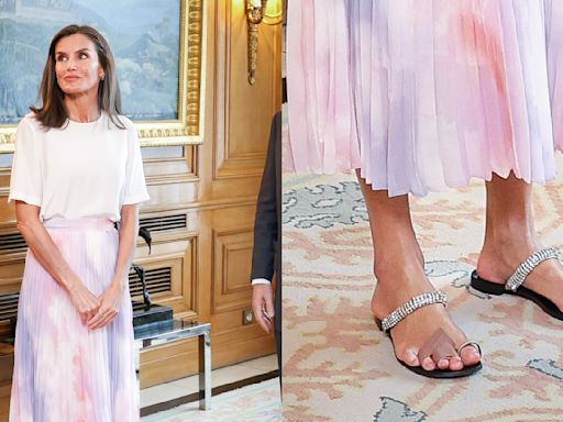 Queen Letizia Keeps it Casual Chic in Bejeweled Flats and Tie-Dye Skirt to Welcome Motion Picture Association Chairman Charles Rivkin