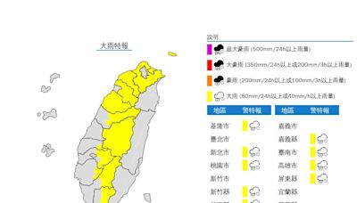 12縣市大雨特報下到晚上 2縣市大雷雨轟炸1小時