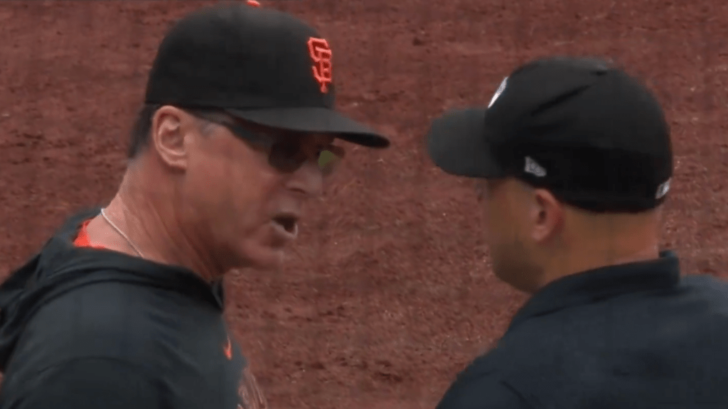 Mics picked up what Giants manager Bob Melvin told the umpire before getting ejected over a dreadful strike call