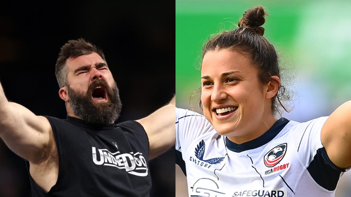 Jason Kelce arm wrestles rugby star Nicole Heavirland while wearing a beret