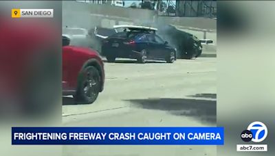 Driver swerves across all freeway lanes before wild San Diego crash caught on video