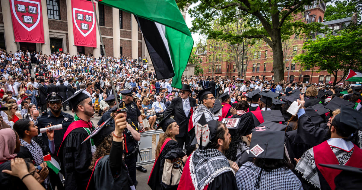 Students walk out of Harvard College graduation; UCLA contends with new protest