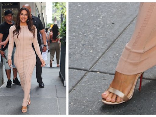 Eva Longoria Looks Perfectly Pink in Metallic Christian Louboutin Sandals While Promoting ‘Land of Women’ in New York City