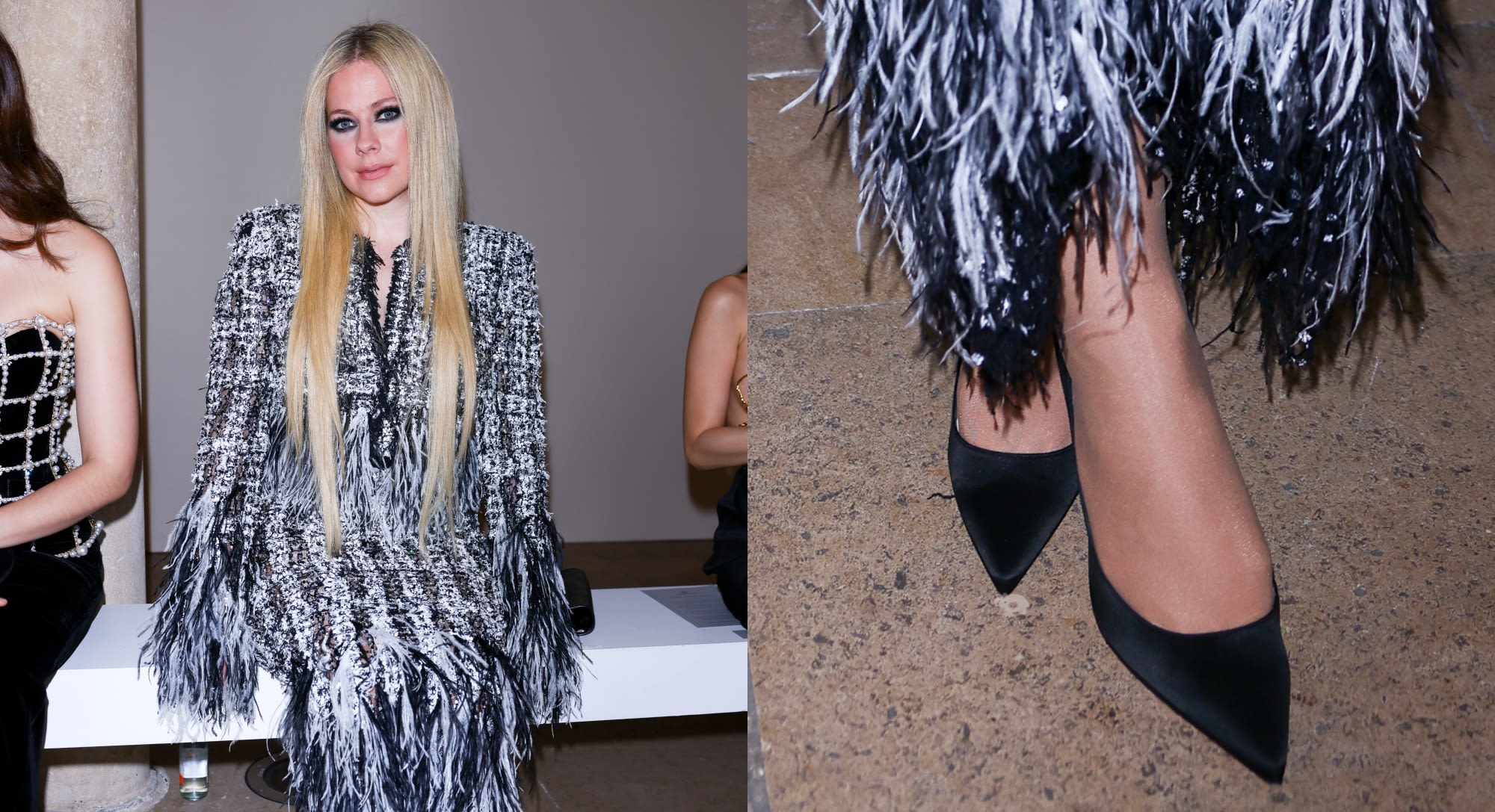 Avril Lavigne Styles Tweed and Ostrich Feather Dress With Glossy Pumps at Tamara Ralph Show During Paris Fashion Week