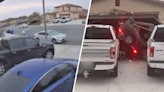 Watch: Airborne car soars over pickups and crashes into Jurupa Valley garage