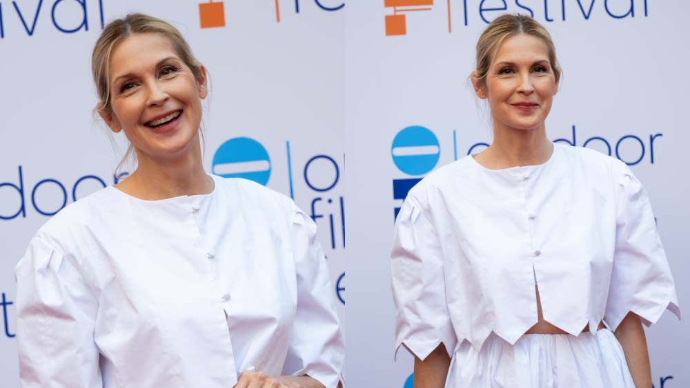 Kelly Rutherford Puts Coquette Spin on Minimalism in Cropped Blouse and Matching Tiered Midi Skirt at Outdoor Film Festival