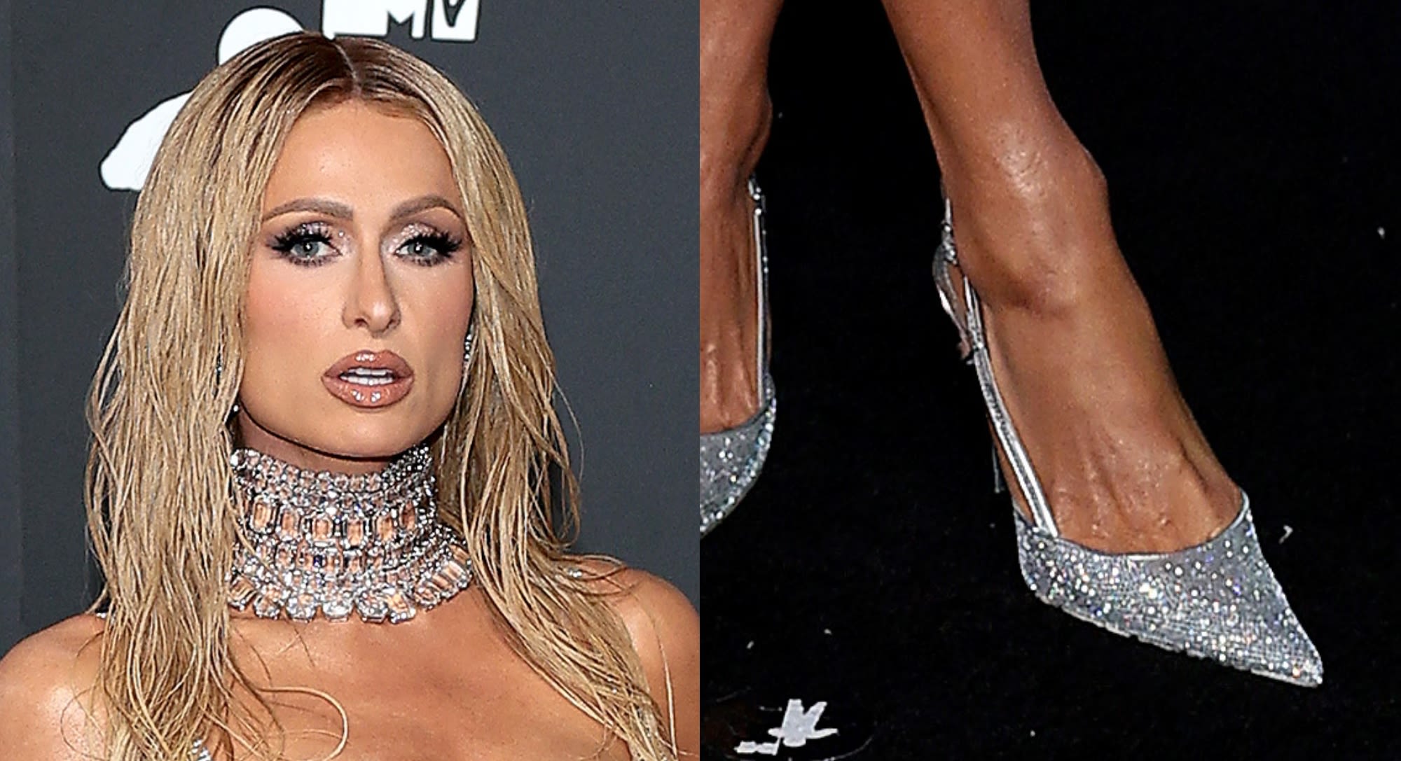 Paris Hilton Was Shining in Shimmering Silver Slingback Shoes for MTV 2024 VMA Red Carpet