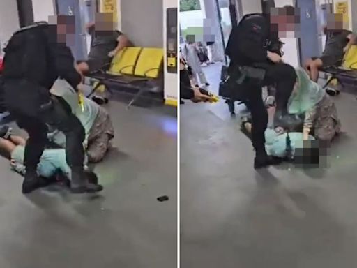 Shock moment cop kicks man in face & stamps on his HEAD at Manchester Airport