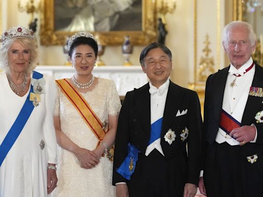 Queen wears the King Charles III Family Order for first time at state banquet