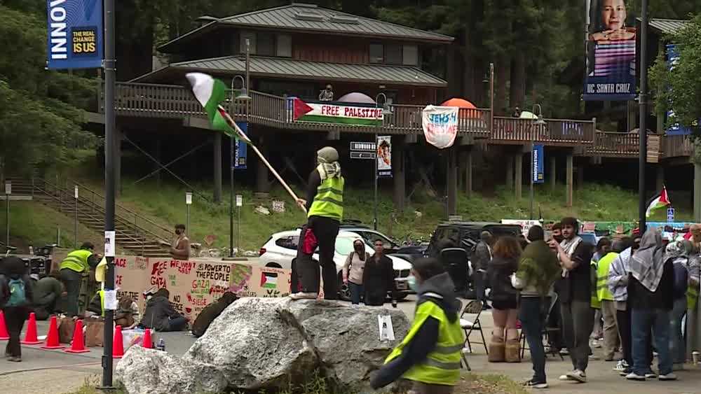 UC Santa Cruz pro-Palestinian protestors blocking road on campus