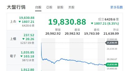 台股收盤》大盤跌破20000點 融資斷頭、高達逾800檔跌停