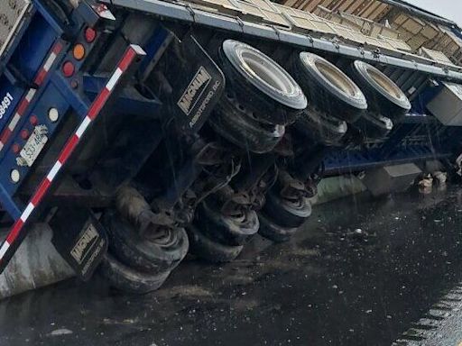 Live chickens on the highway after transport truck crash on Highway 401 in Milton