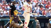 Bryce Harper of the Philadelphia Phillies reacts after hitting a solo home run during the eighth inning against the San Diego Padres at Citizens Bank Park on June 19, 2024, in Philadelphia.