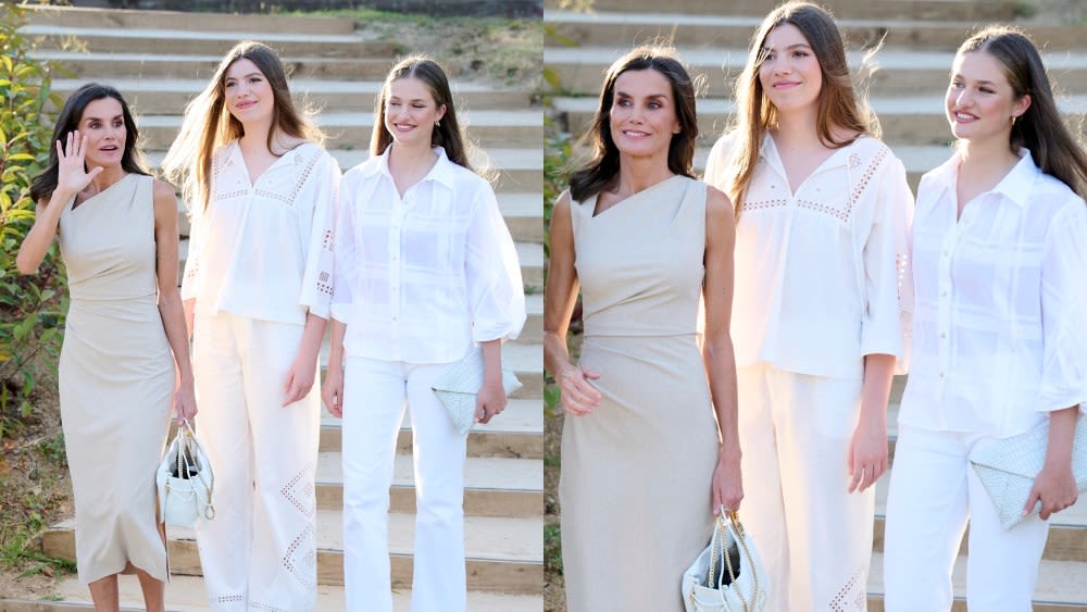 Queen Letizia of Spain Coordinates in Mango Dress With Daughters Princess Leonor and Princess Sofía for Girona Awards in Barcelona