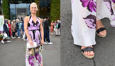 Hannah Waddingham Cheers at Wimbledon in Black Wedge Sandals and Floral Elie Saab Dress