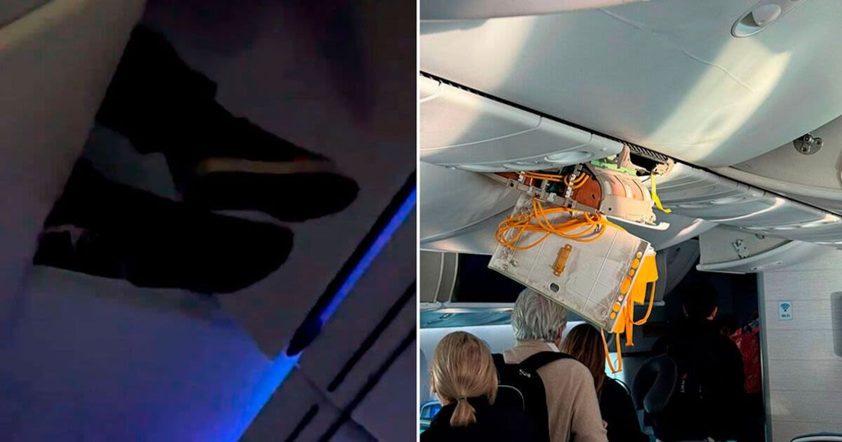 Terrifying Boeing plane turbulence leaves man dangling from overhead luggage bin