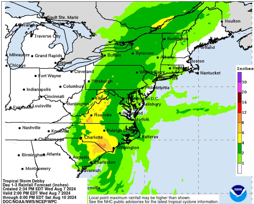 South Carolina could see 20+ inches of rain as Debby moves through