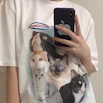 【熱賣精選】 韓國小眾貓咪印花短袖T恤 短袖上衣 長版T恤 情侶T恤49962