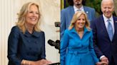 Jill Biden Favors Tailoring in Peter Pan Collar Dress and Pops in Vibrant Carolina Herrera Look for White House Engagements