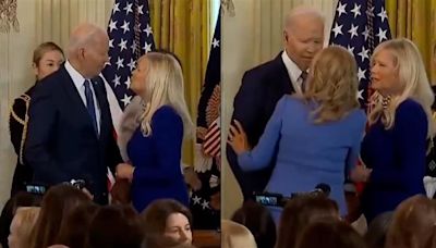 When Joe Biden was about to kiss another woman thinking it was his wife; watch how a panicked Jill ran to him