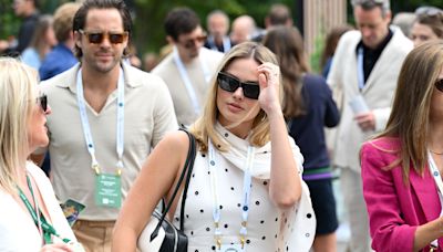Margot Robbie Wears a Gorgeous Draped Polka-Dot Dress as Her First Maternity Look at Wimbledon