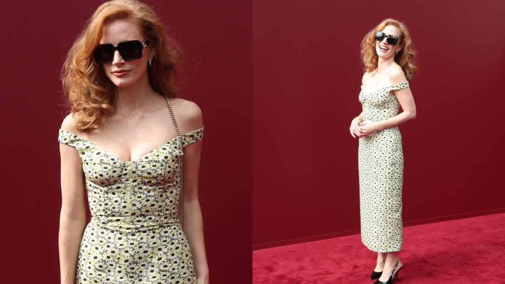 Jessica Chastain Makes a Vibrant Arrival in Floral-print Gucci Dress at Spring 2025 Milan Fashion Week Show