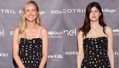 Brie Larson and Alexandra Daddario Twin in Polka Dot Doên Dress on Filming Italy 2024 Red Carpet