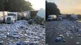 Carretera se llena de botes de cervezas tras accidente entre camiones