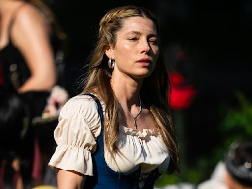 Jessica Biel wears blue bodice while filming The Better Sister in NYC