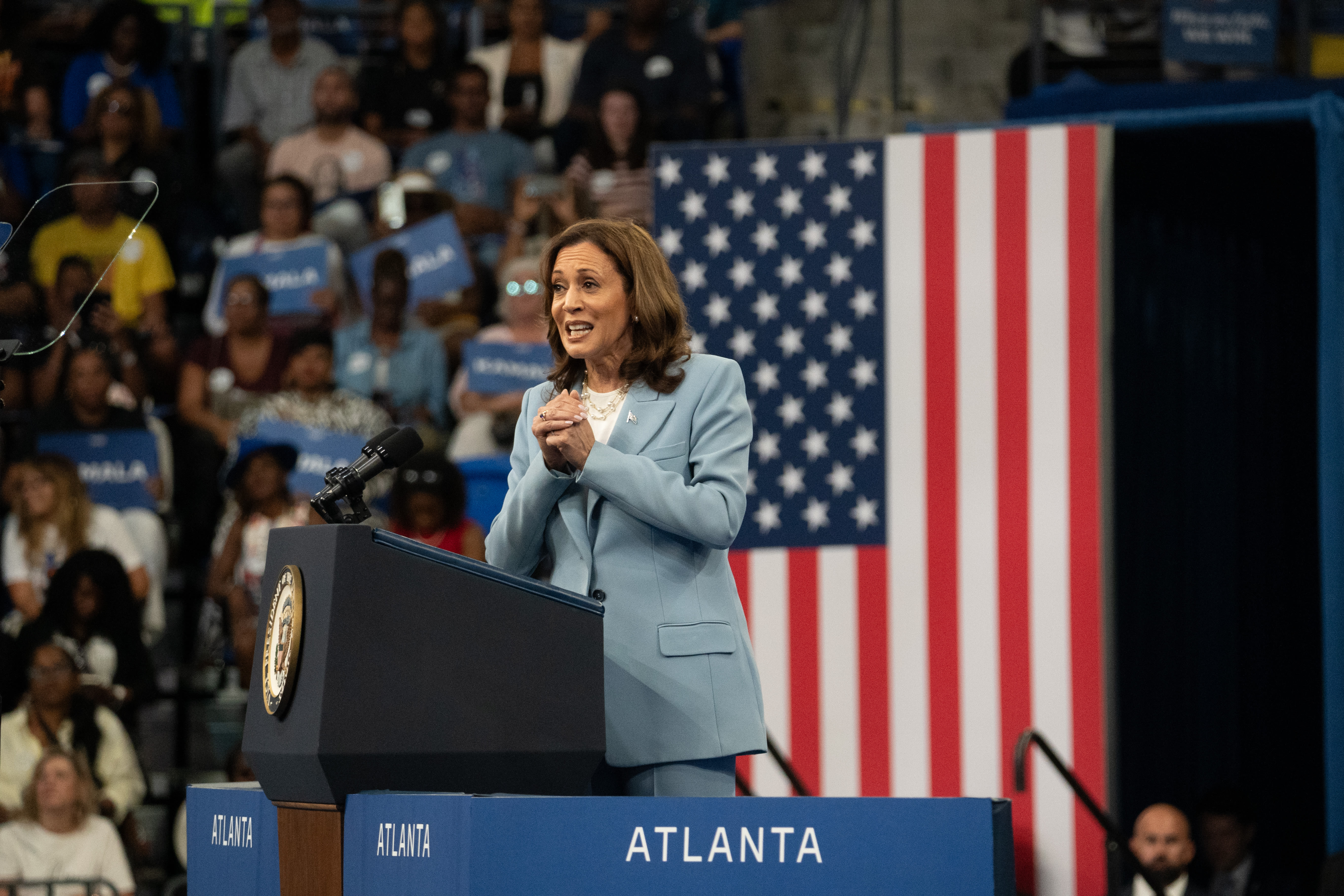 ‘Say it to my face’: Harris trolls Trump at star-studded Atlanta campaign rally