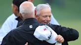 Masters legends Sandy Lyle and Larry Mize say an emotional goodbye together