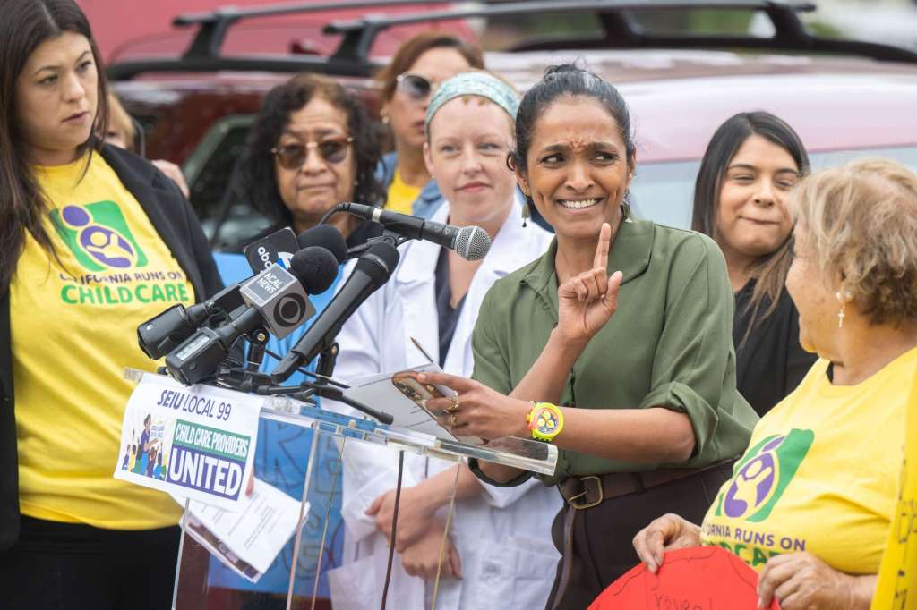 L.A. Councilmember Nithya Raman rallies with working moms over child care crisis
