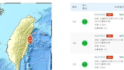0403餘震還沒完！ 5分鐘連3震氣象署：震央北上規模恐破5.5