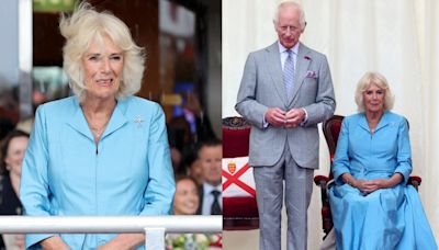 Queen Camilla Brightens Jersey in Vibrant Turquoise Anna Valentine Dress During Visit With King Charles