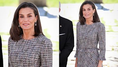 Queen Letizia of Spain Dons Tweed Midi Dress With Frayed Details for Literature Awards Event