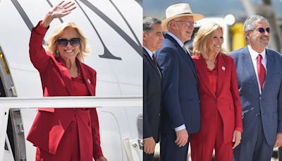 Jill Biden Gets Fired up in Red Power Suit Ahead of Mexico’s Inauguration for President-Elect Claudia Sheinbaum