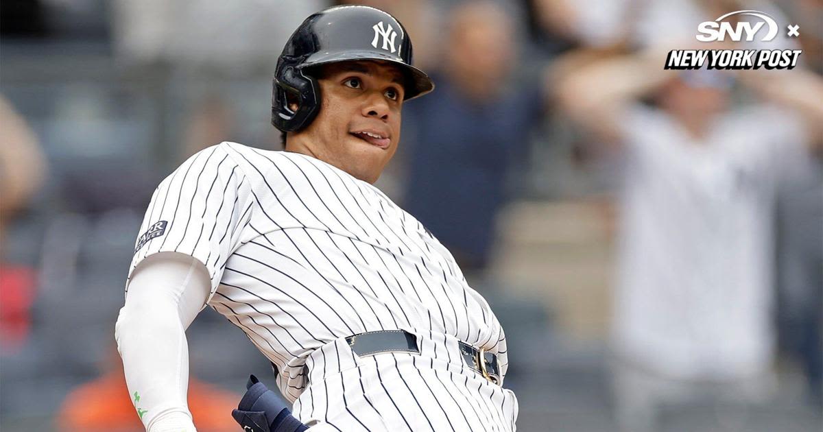 Aaron Boone, Carlos Rodon, Juan Soto and Austin Wells following Yankees 9-1 win over Rays