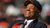 Former San Francisco Giants player Willie Mays attends his godson Barry Bonds' uniform number retirement ceremony before their game against the Pittsburgh Pirates at AT&T...