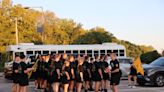 A traditional handoff: ROTC cadets transport Cy-Hawk game ball from Iowa City to Ames