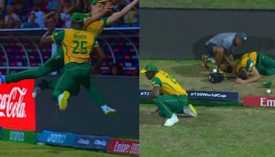 Marco Jansen writhes in pain after brutal mid-air collision with Kagiso Rabada to stop a six during WI vs SA T20WC match