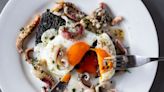 Black pudding with buttery squid and a fried egg recipe