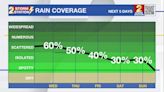Wednesday AM Forecast: Lower humidity and temps, Increasing rain chances
