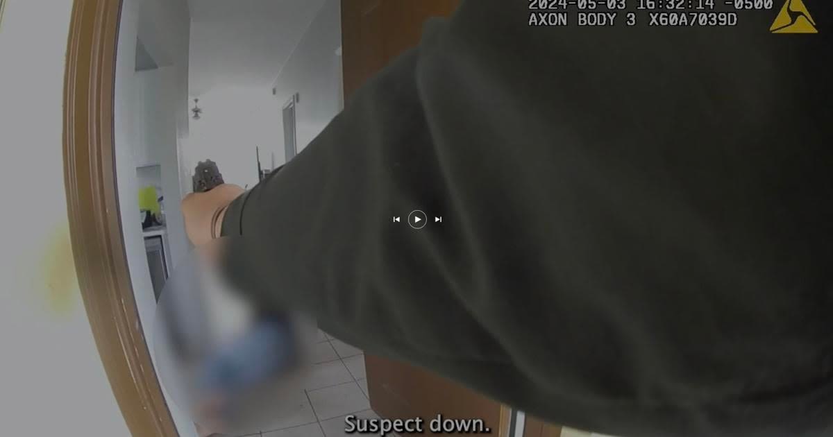 ...footage, shortly after a decorated U.S. Air Force combat veteran was fatally shot inside his Fort Walton Beach, Florida, apartment just seconds after opening the door with a gun in his hand pointed at the floor.