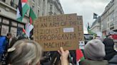 Pro-Palestine protesters wave ‘Zionists control the media’ placards during London march