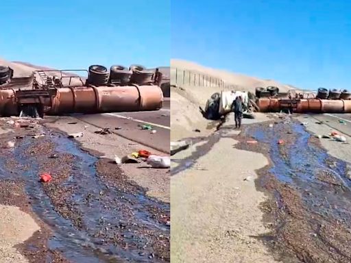 Camión con ácido sulfúrico vuelca en carretera de Antofagasta: conductor murió tras el accidente - La Tercera