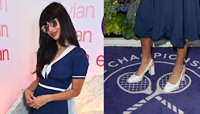 Jameela Jamil Takes Wimbledon 2024 Wearing Classic White Slingback Block Heels in London