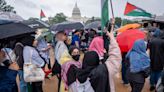 Hundreds of pro-Palestinian protesters rally in the rain in DC to mark a painful present and past